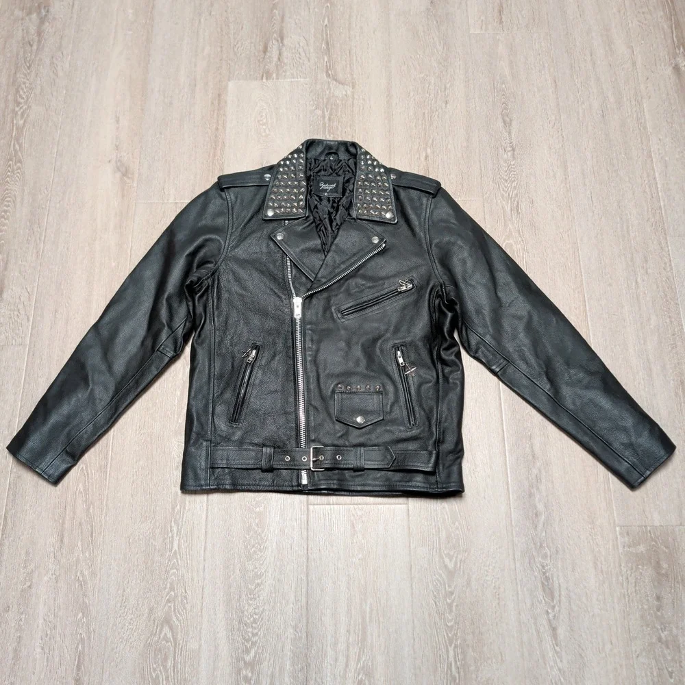 Reclaimed Vintage Studded Leather Biker Jacket Womens L Black Star Crossed Moto - Picture 2 of 11
